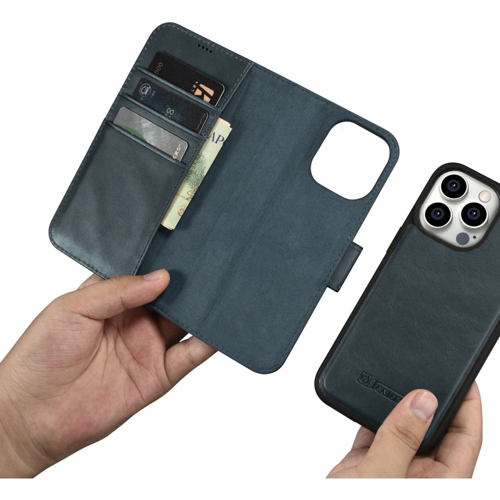 Etui iCarer Oil Wax Wallet Anti-RFID 2in1 Apple iPhone 14 Pro niebieski