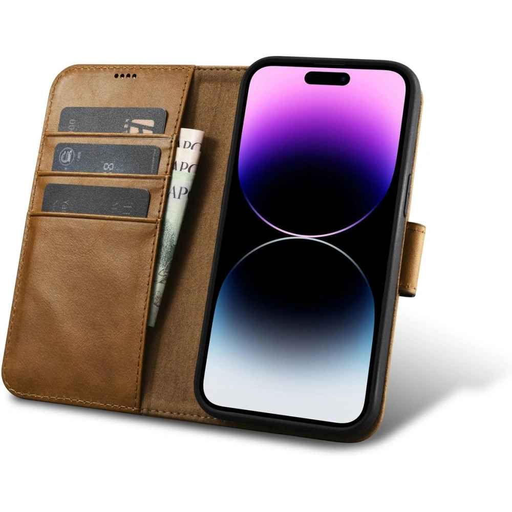 Etui iCarer Oil Wax Wallet Anti-RFID 2in1 Apple iPhone 14 Pro jasnobrązowy