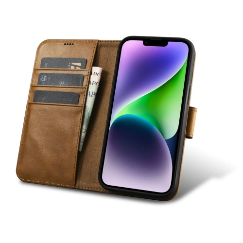 Kup Husă iCarer Oil Wax Wallet Anti-RFID 2în1 pentru Apple iPhone 14 Plus / 15 Plus maro deschis - ICR448 - {ean13} - Sklep Home Screen