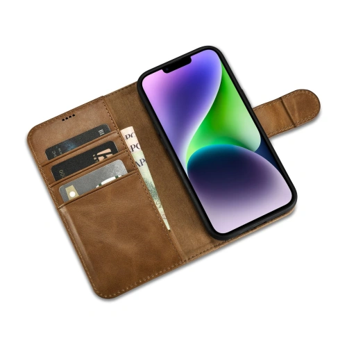 Kup Husă iCarer Oil Wax Wallet Anti-RFID 2în1 pentru Apple iPhone 14 Plus / 15 Plus maro deschis - ICR448 - {ean13} - Sklep Home Screen