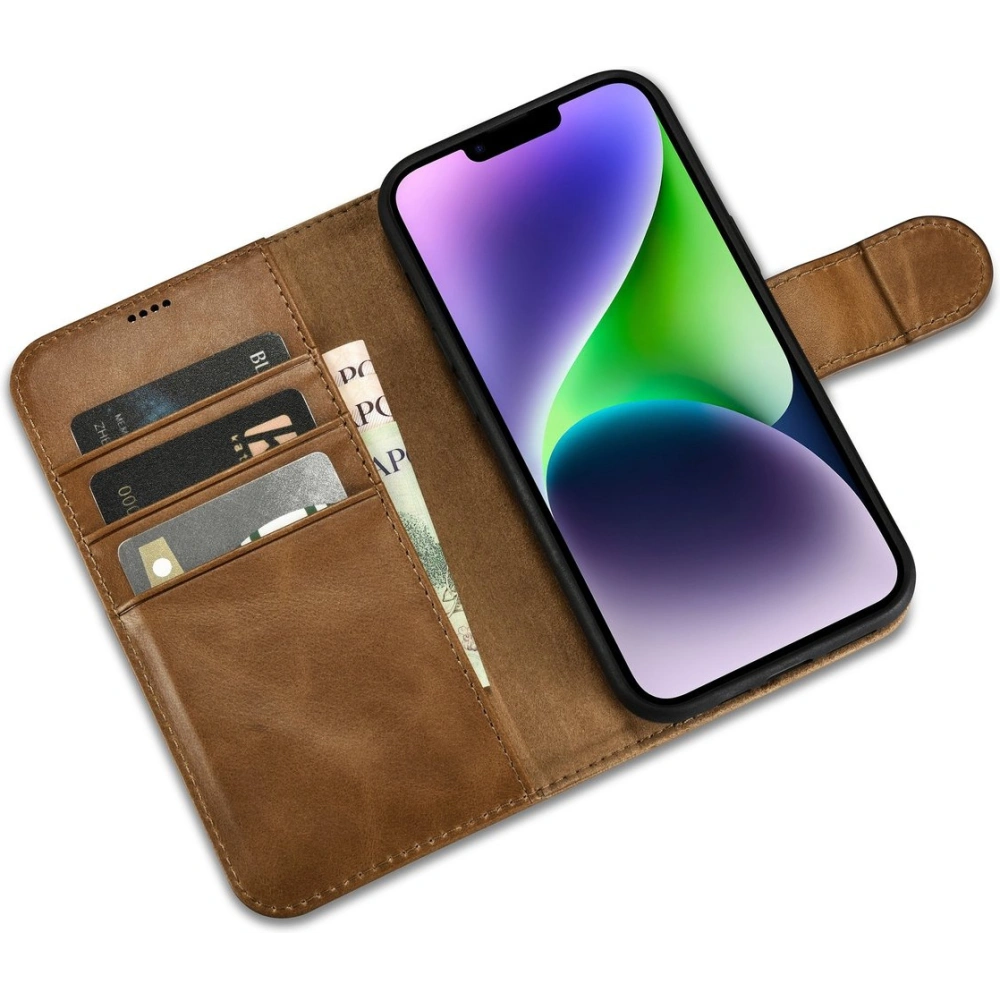 Etui iCarer Oil Wax Wallet Anti-RFID 2in1 Apple iPhone 14 Plus / 15 Plus jasnobrązowy