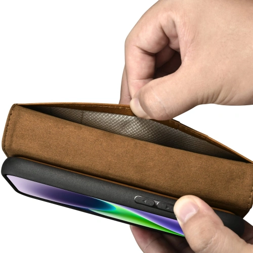 Kup Husă iCarer Oil Wax Wallet Anti-RFID 2în1 pentru Apple iPhone 14 Plus / 15 Plus maro deschis - ICR448 - {ean13} - Sklep Home Screen