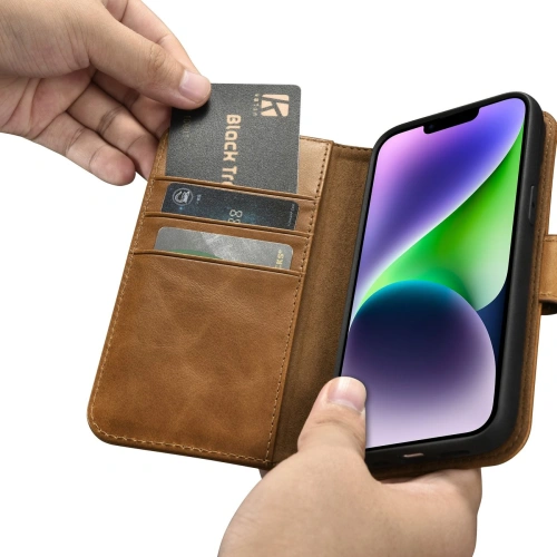 Kup Husă iCarer Oil Wax Wallet Anti-RFID 2în1 pentru Apple iPhone 14 Plus / 15 Plus maro deschis - ICR448 - {ean13} - Sklep Home Screen