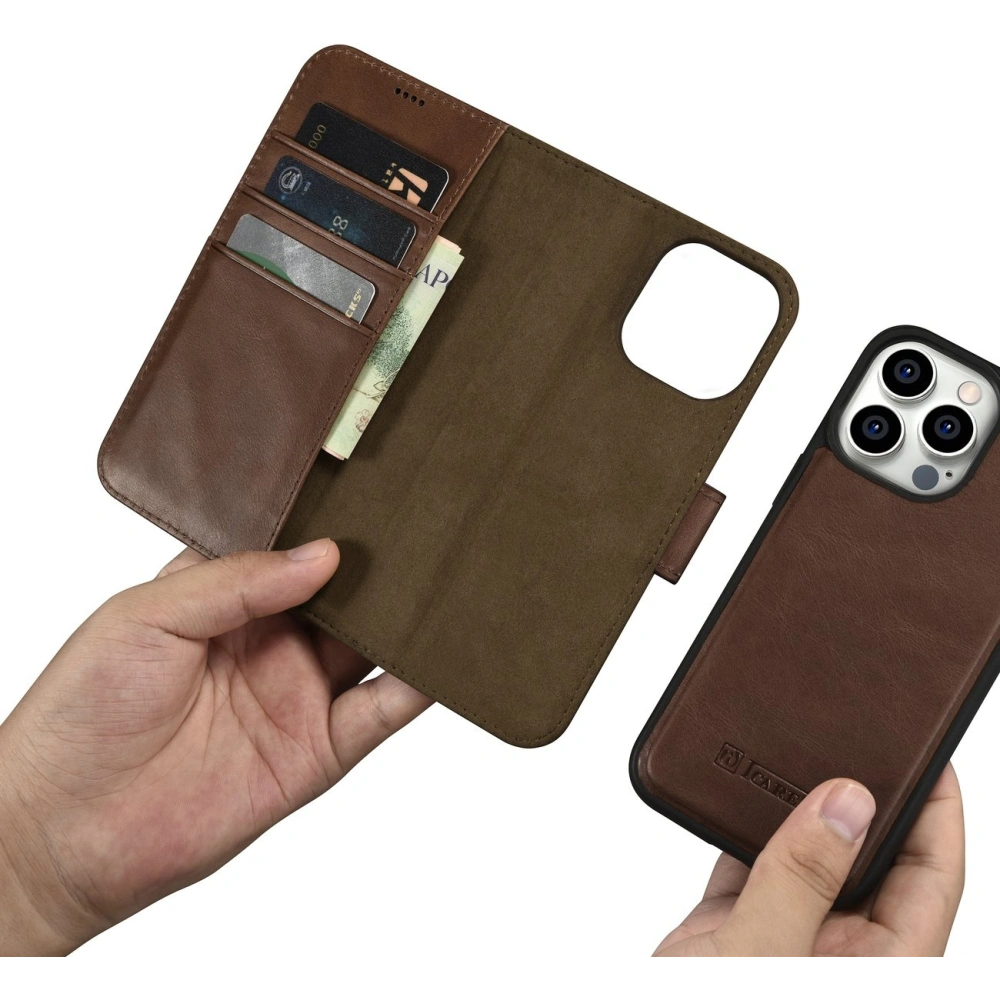Etui iCarer Oil Wax Wallet Anti-RFID 2in1 Apple iPhone 14 Pro Max brązowy