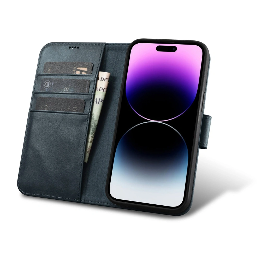 Etui iCarer Oil Wax Wallet Anti-RFID 2in1 Apple iPhone 14 Pro Max niebieski