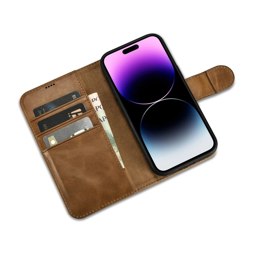 Etui iCarer Oil Wax Wallet Anti-RFID 2in1 Apple iPhone 14 Pro Max jasnobrązowy