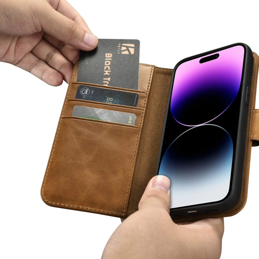 Etui iCarer Oil Wax Wallet Anti-RFID 2in1 Apple iPhone 14 Pro Max jasnobrązowy