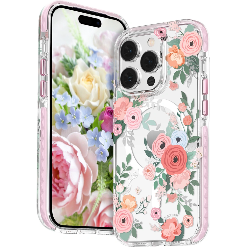 Etui Kingxbar Flora MagSafe Apple iPhone 14 Plus / 15 Plus rose