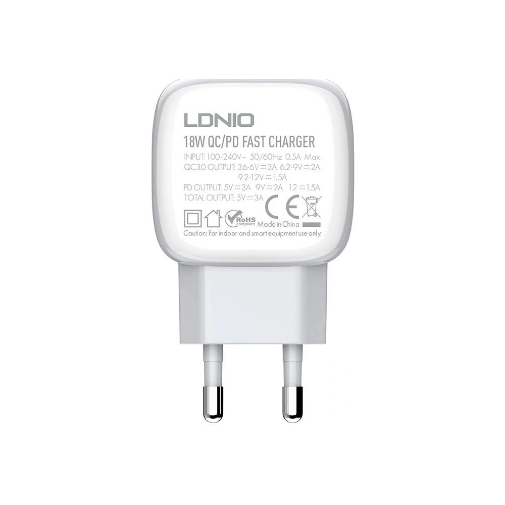 Ładowarka sieciowa LDNIO A2313C, USB + USB-C, PD + QC 3.0, 20W (biała)