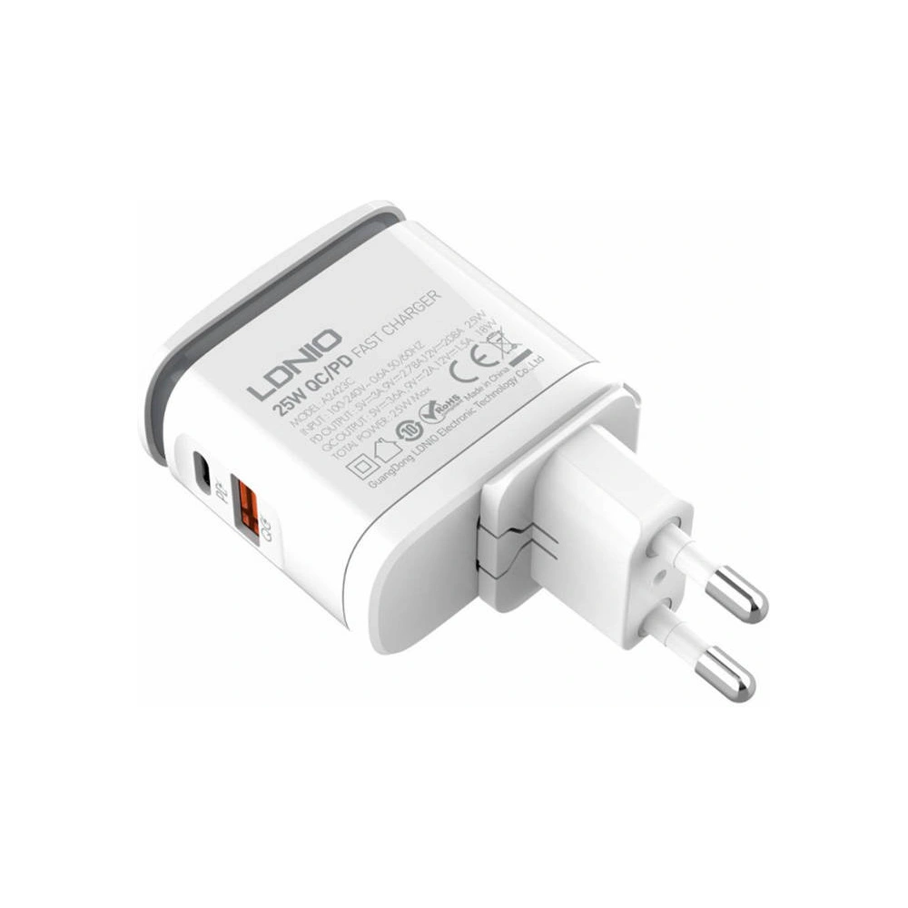 Ładowarka sieciowa z funkcją lampki LDNIO A2423C, USB + USB-C, PD + QC 3.0,  25W (biała)