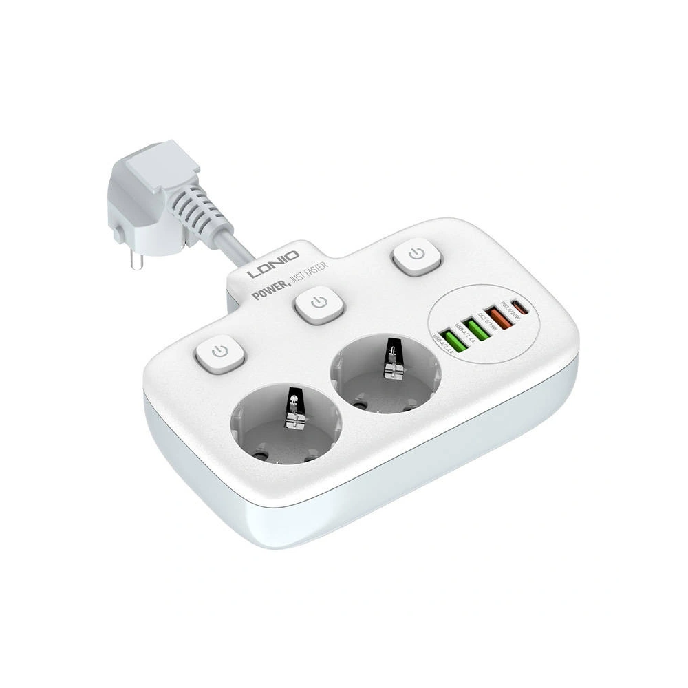 Listwa zasilająca z 2 gniazdami AC, 3x USB, USB-C, LDNIO SE2435, 2500W (biała)