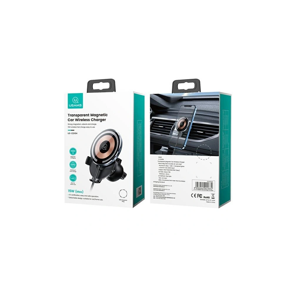 Uchwyt samochodowy z ładowarką bezprzewodową USAMS US-CD164 15W 2w1 Magnetic Air Vent transparent