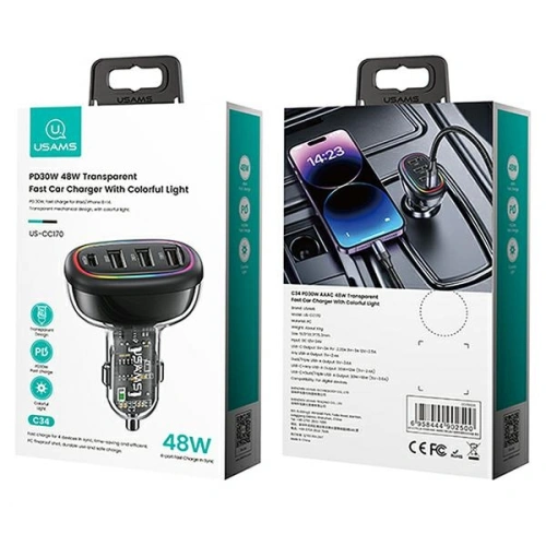 Buy USAMS Car Charger 1xUSB-C 3xUSB-A C34 48W 3A+C PD black CC170CC01 (US-CC170) - USA900 - {ean13} - Home Screen Store Europe
