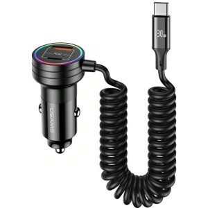 Ładowarka Samochodowa z kablem sprężynowym USAMS 2xUSB-C 1xUSB-A C33 60W czarna CC167CC01 (US-CC167)