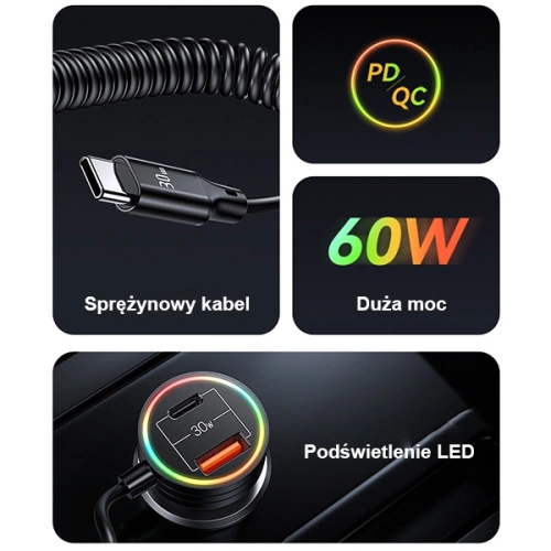 Kup USAMS 2xUSB-C 1xUSB-A C33 60W fekete autós töltő rugós kábellel CC167CC01 (US-CC167) - USA901 - {ean13} - Sklep Home Screen
