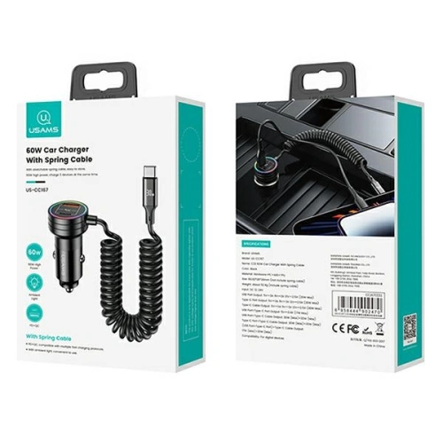 Kup USAMS 2xUSB-C 1xUSB-A C33 60W fekete autós töltő rugós kábellel CC167CC01 (US-CC167) - USA901 - {ean13} - Sklep Home Screen