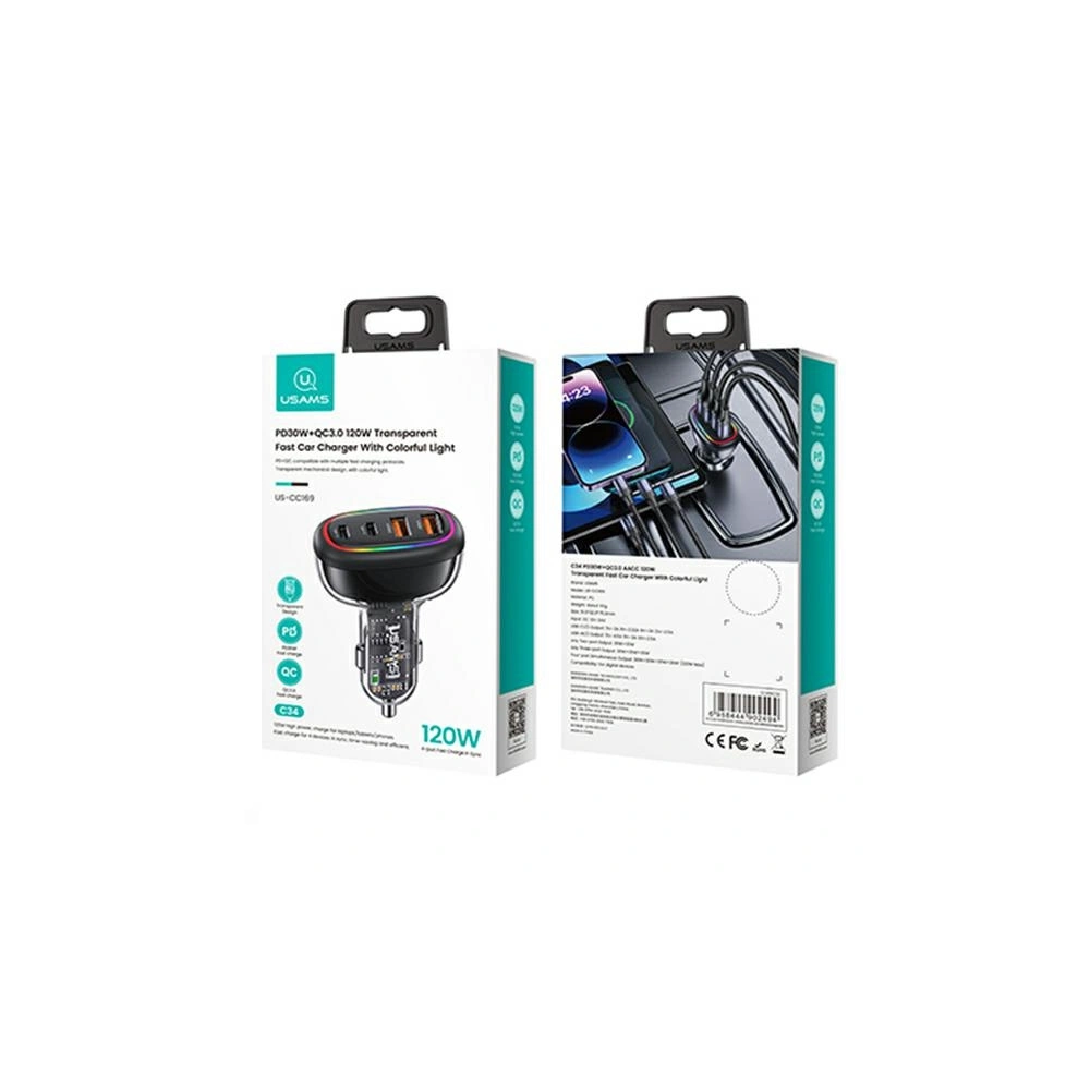 Ładowarka Samochodowa USAMS 2xUSB-C 2xUSB-A C34 120W czarna CC169CC02 (US-CC169)