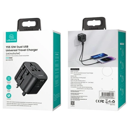 Kup Nabíječka USAMS 2xUSB T55 12W univerzální adaptér 4w1 US/AU/EU/UK černá CC173TC01 (US-CC173) - USA904 - {ean13} - Sklep Home Screen