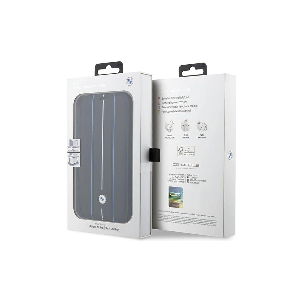 Etui BMW BMBKP14L22RVSK Apple iPhone 14 Pro czarny/black bookcase Leather Stamp Blue Lines