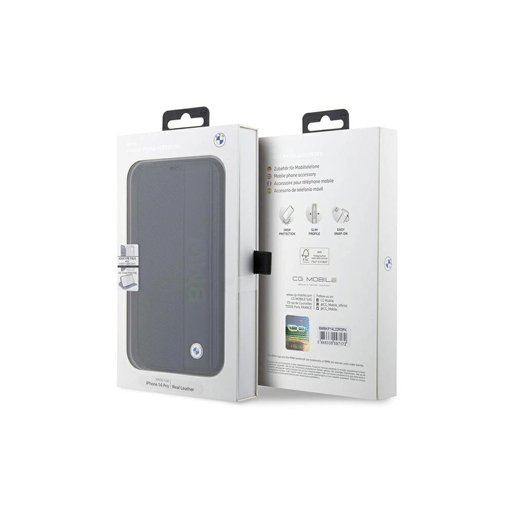 Etui BMW BMBKP14X22RDPK Apple iPhone 14 Pro Max czarny/black bookcase Leather Textured&Stripe