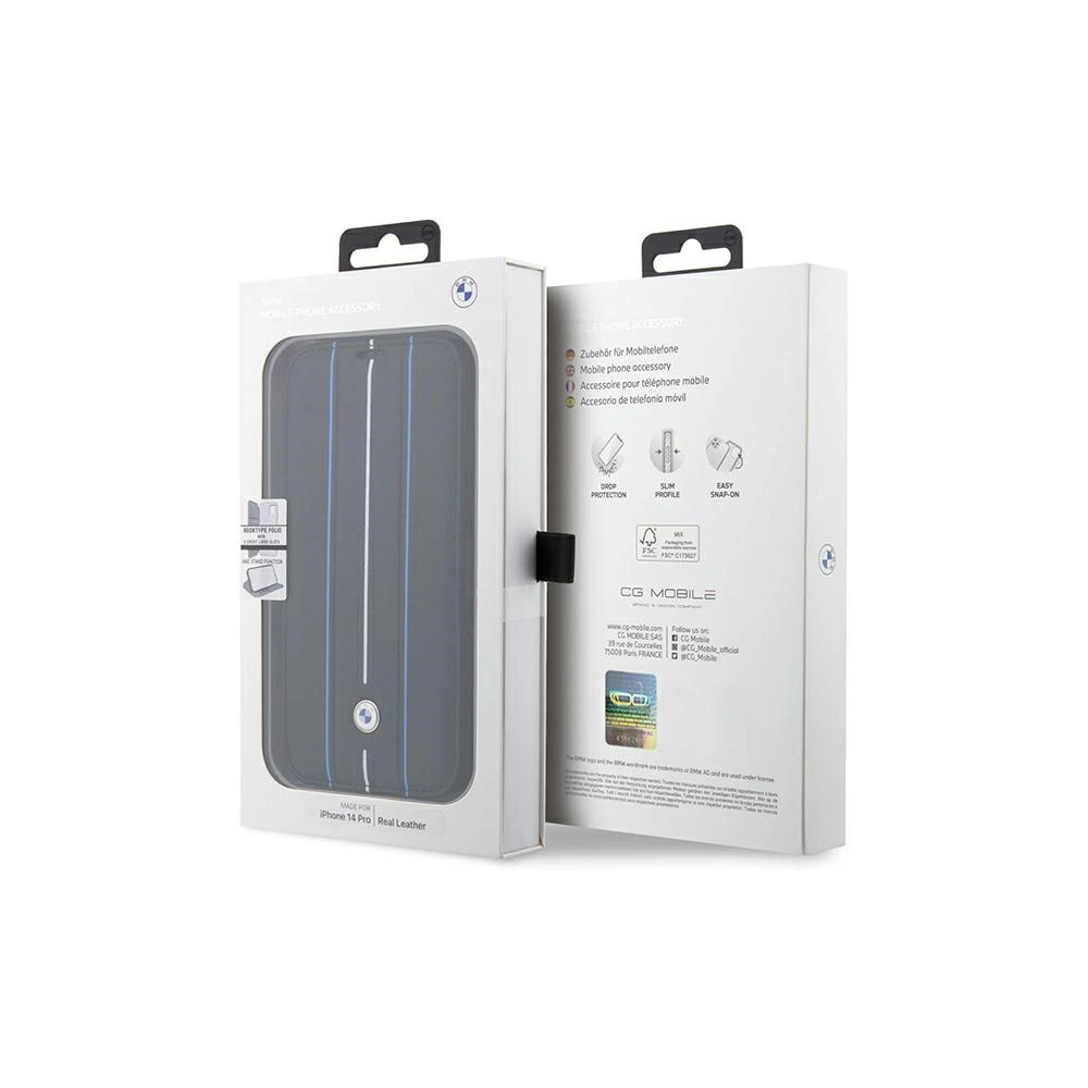 Etui BMW BMBKP14X22RVSK Apple iPhone 14 Pro Max czarny/black bookcase Leather Stamp Blue Lines