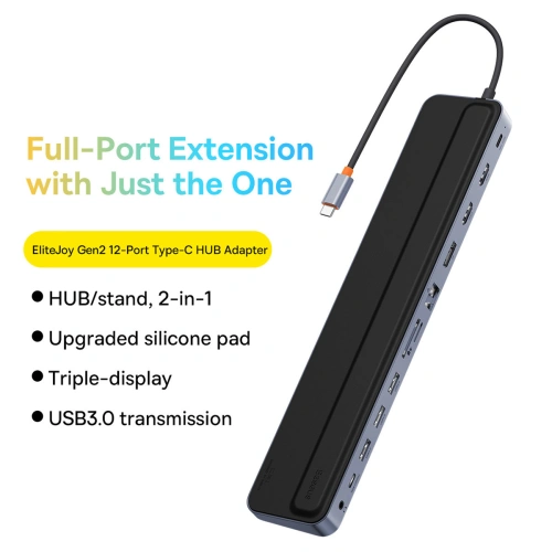 Kup HUB Baseus EliteJoy Gen2 USB 12w1 cu cablu USB-C de 25cm USB-A/USB-C/DP/HDMI/SD/TF/RJ45/3,5mm jack/PD 100W gri - BSU3978 - {ean13} - Sklep Home Screen