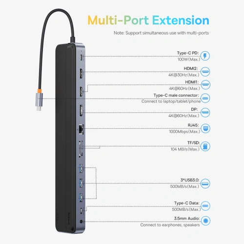 Kup HUB Baseus EliteJoy Gen2 USB 12w1 cu cablu USB-C de 25cm USB-A/USB-C/DP/HDMI/SD/TF/RJ45/3,5mm jack/PD 100W gri - BSU3978 - {ean13} - Sklep Home Screen