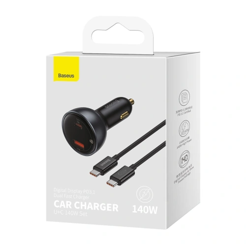 Kup Autós töltő Baseus Digitális kijelző USB-A/USB-C PD 3.1 140W + USB-C 5A 240W 1m fekete kábel - BSU3979 - {ean13} - Sklep Home Screen