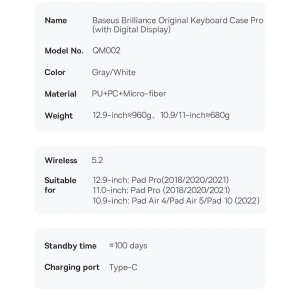 Kup Etui Baseus Brilliance Keyboard Apple iPad Air 10.9 (4. i 5. gen)/iPad Pro 11 (1., 2. i 3. gen)/iPad 10.9 2022 (10. gen) szare - BSU3993 - {ean13} - Sklep Home Screen