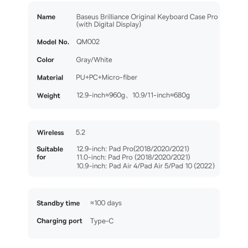 Buy Case Baseus Brilliance Keyboard Apple iPad Air 10.9 (4th and 5th gen)/iPad Pro 11 (1st, 2nd and 3rd gen)/iPad 10.9 2022 (10th gen) grey - BSU3993 - {ean13} - Home Screen Store Europe