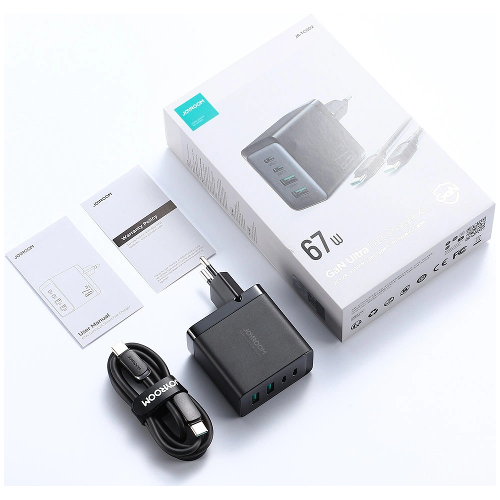 Ładowarka sieciowa Joyroom TCG02 GaN 67W 4-port (2x USB, 2x USB C) czarna + kabel USB-C/USB-C 100W 1.2m