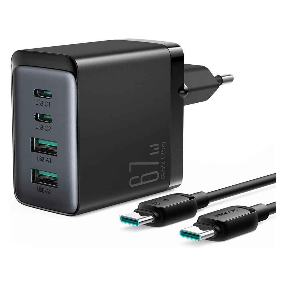 Ładowarka sieciowa Joyroom TCG02 GaN 67W 4-port (2x USB, 2x USB C) czarna + kabel USB-C/USB-C 100W 1.2m