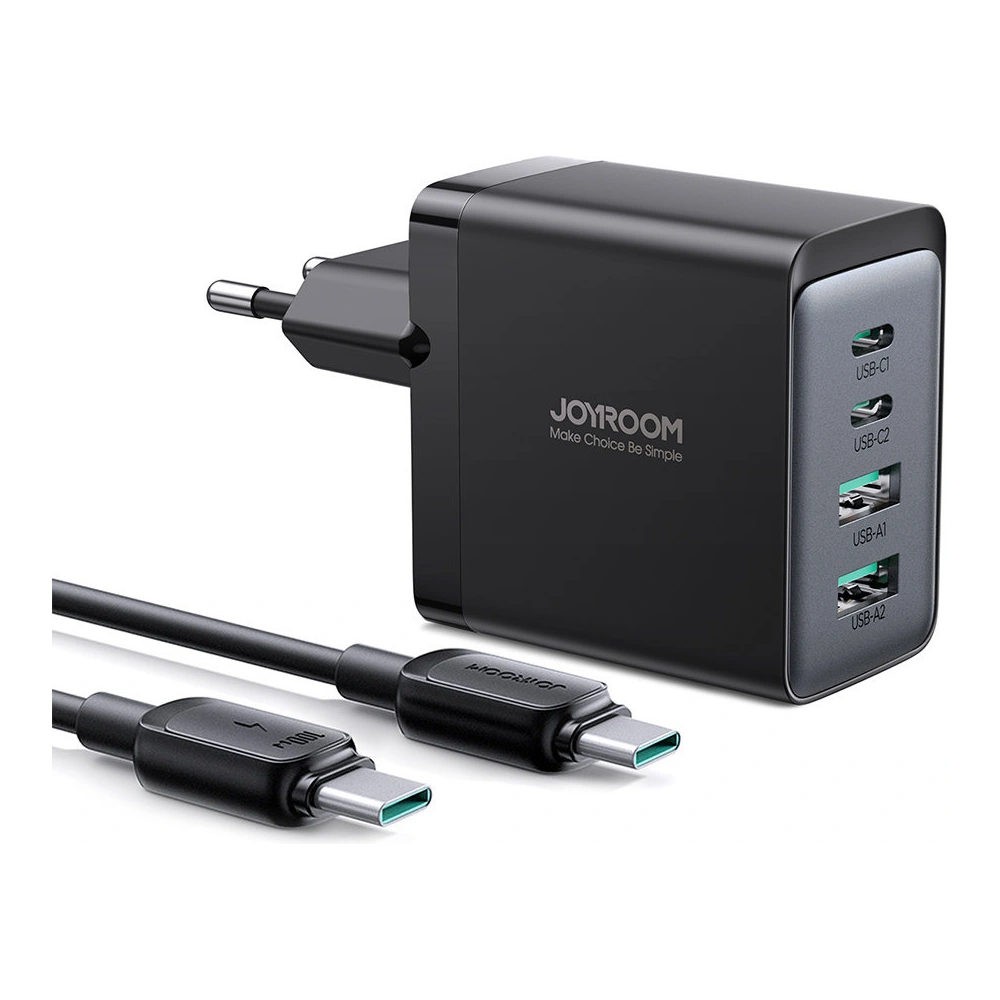 Ładowarka sieciowa Joyroom TCG02 GaN 67W 4-port (2x USB, 2x USB C) czarna + kabel USB-C/USB-C 100W 1.2m