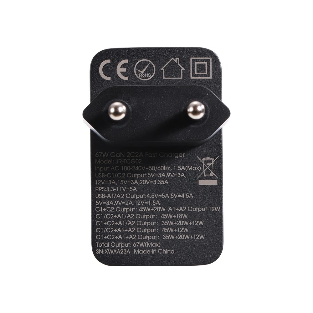 Ładowarka sieciowa Joyroom TCG02 GaN 67W 4-port (2x USB, 2x USB C) czarna + kabel USB-C/USB-C 100W 1.2m