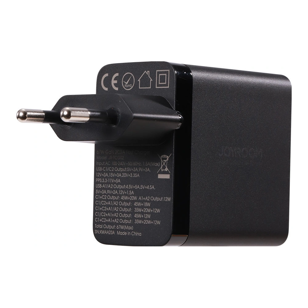 Ładowarka sieciowa Joyroom TCG02 GaN 67W 4-port (2x USB, 2x USB C) czarna + kabel USB-C/USB-C 100W 1.2m