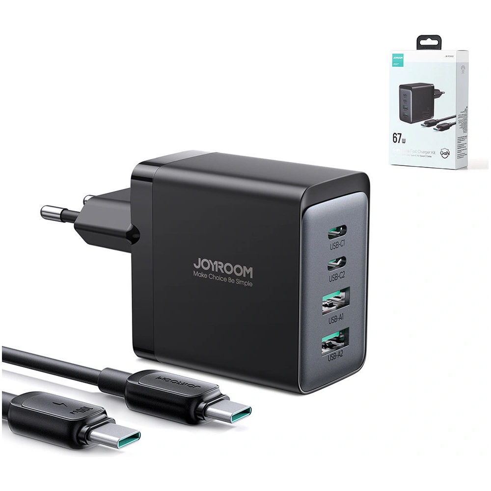 Ładowarka sieciowa Joyroom TCG02 GaN 67W 4-port (2x USB, 2x USB C) czarna + kabel USB-C/USB-C 100W 1.2m