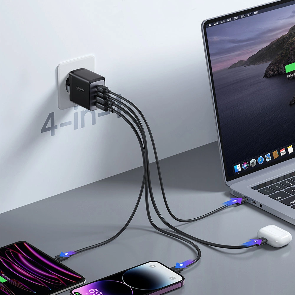 Ładowarka sieciowa Joyroom TCG02 GaN 67W 4-port (2x USB, 2x USB C) czarna + kabel USB-C/USB-C 100W 1.2m