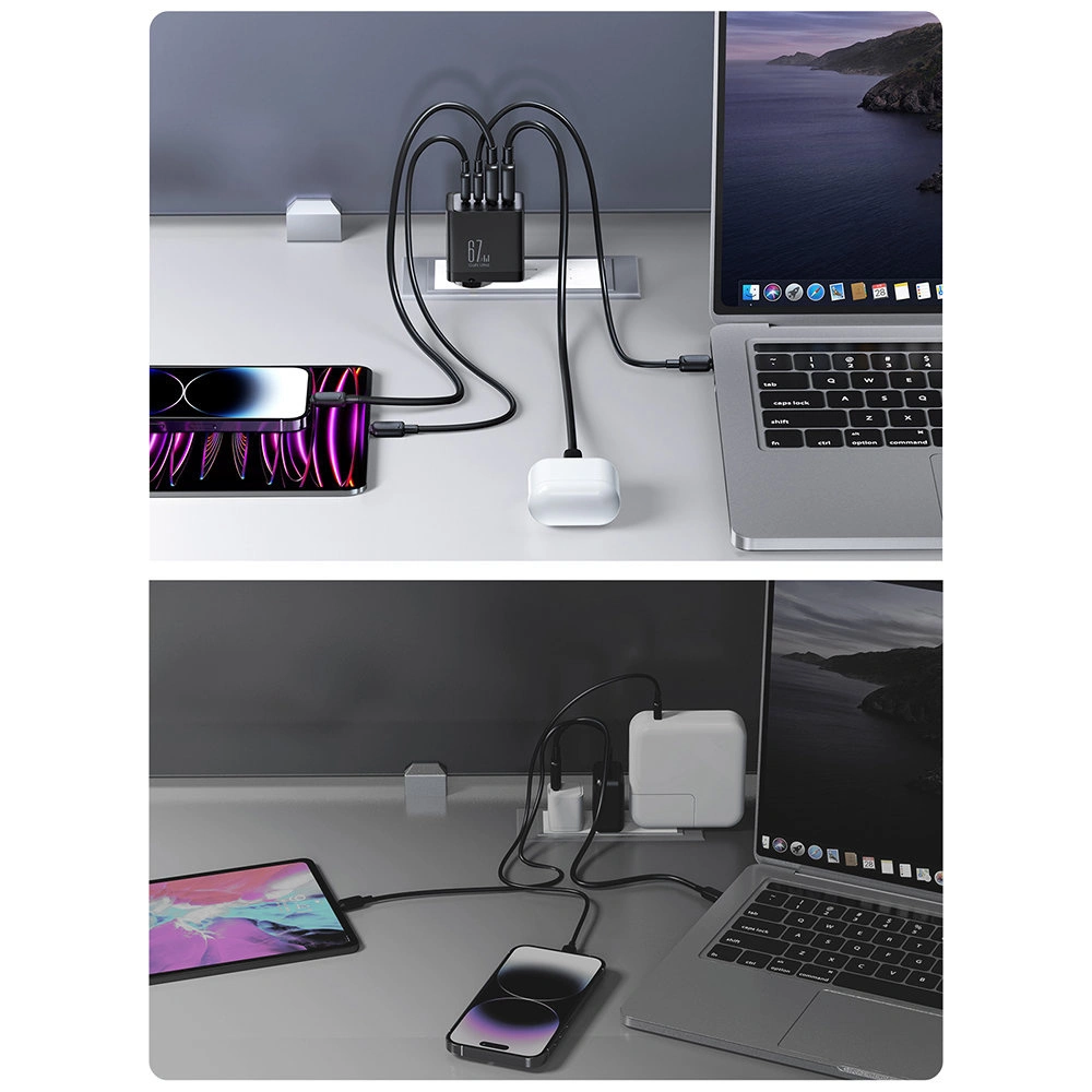 Ładowarka sieciowa Joyroom TCG02 GaN 67W 4-port (2x USB, 2x USB C) czarna + kabel USB-C/USB-C 100W 1.2m