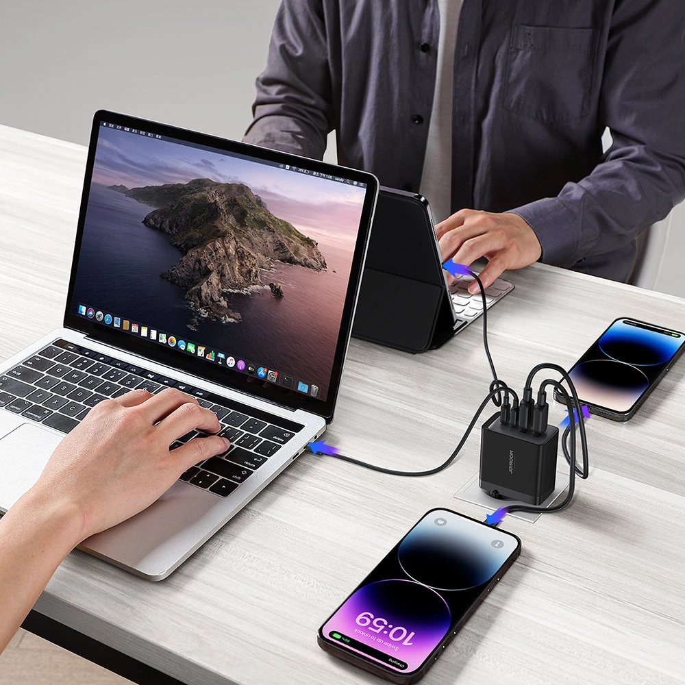 Ładowarka sieciowa Joyroom TCG02 GaN 67W 4-port (2x USB, 2x USB C) czarna + kabel USB-C/USB-C 100W 1.2m