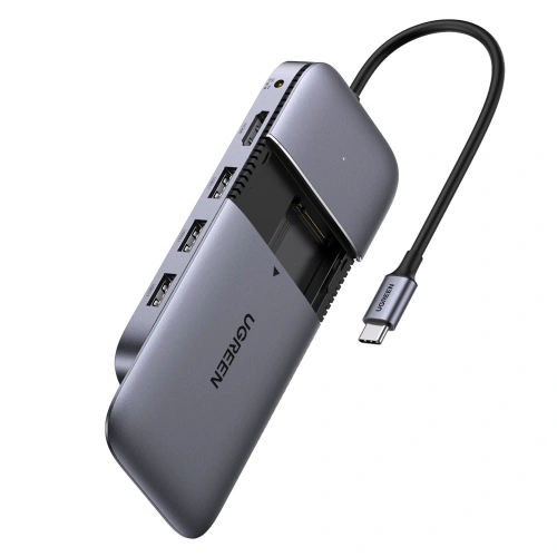 Kup Hub UGREEN CM296 6in1 USB-C / 3x USB 3.2 Gen 2 (10Gbps) - HDMI 4K 60Hz - USB-C PD - DC-Tasche SATA M.2 SSD-Gehäuse grau - UGR1483 - {ean13} - Sklep Home Screen