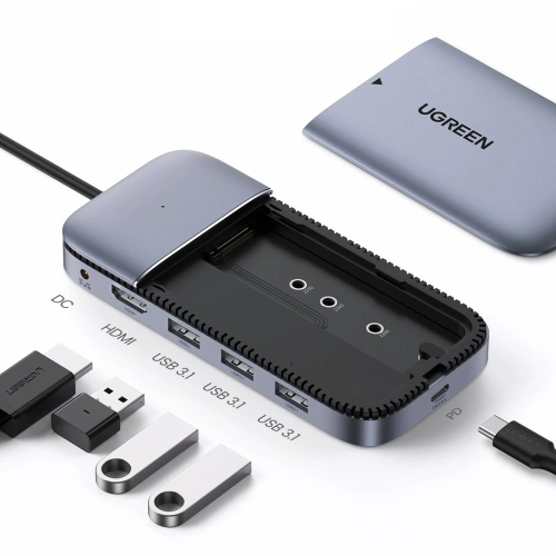 Kup Hub UGREEN CM296 6v1 USB-C / 3x USB 3.2 Gen 2 (10Gbps) - HDMI 4K 60Hz - USB-C PD - DC kapsa na SSD disk SATA M.2 šedá - UGR1483 - {ean13} - Sklep Home Screen