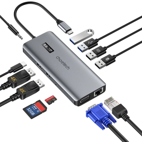 Kup Choetech 12in1 Adapter HUB-M26 USB-C auf USB-C+ USB-A+ HDMI+ VGA+ AUX+ SD+ TF (grau) - CHT41 - {ean13} - Sklep Home Screen
