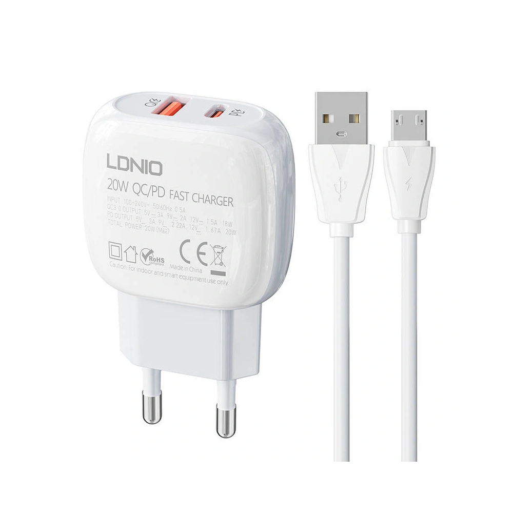 Ładowarka sieciowa LDNIO A2313C USB-A, USB-C 20W + kabel microUSB