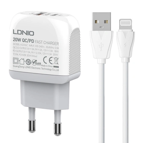 Kup LDNIO Netzwerk-Ladegerät A2316C USB-A, USB-C + Lightning-Kabel - LDN140 - {ean13} - Sklep Home Screen