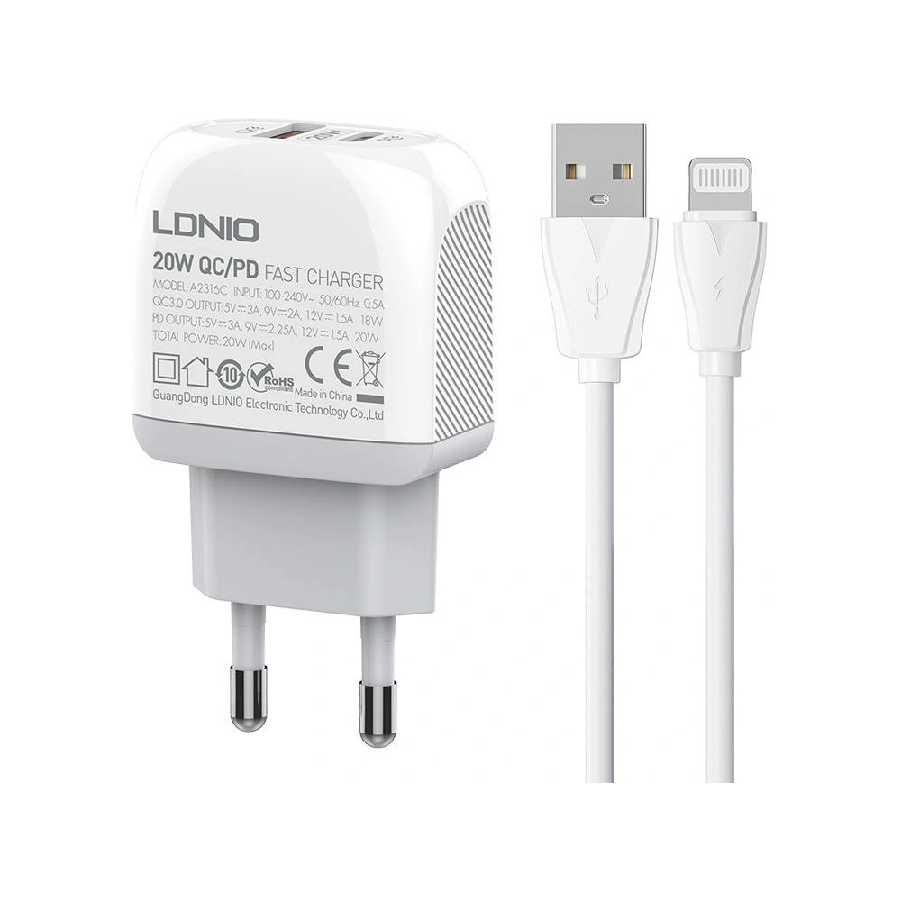 Ładowarka sieciowa LDNIO A2316C USB-A, USB-C + kabel Lightning