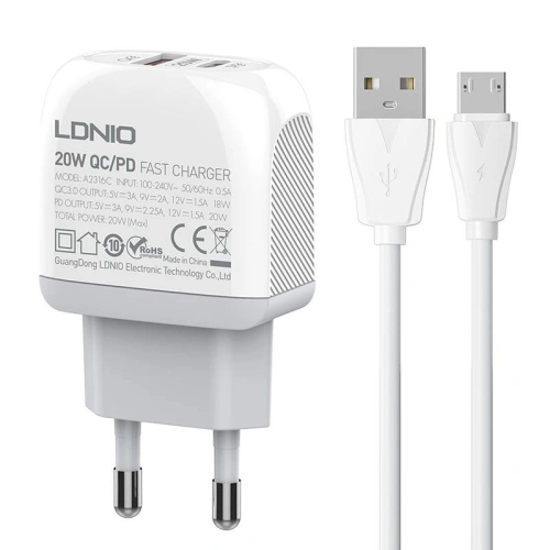 Kup Síťová nabíječka LDNIO A2316C USB-A, USB-C + kabel microUSB - LDN141 - {ean13} - Sklep Home Screen