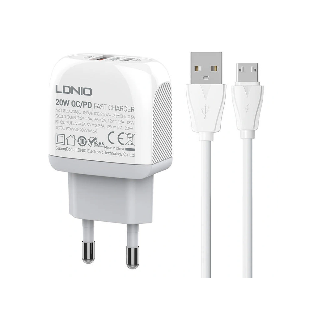 Ładowarka sieciowa LDNIO A2316C USB-A, USB-C + kabel microUSB