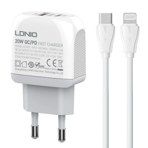 Kup Hálózati töltő LDNIO A2316C USB-A, USB-C + USB-C/Lightning kábel - LDN143 - {ean13} - Sklep Home Screen