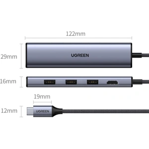 Adapter HUB UGREEN CM475 5in1 USB C - 3x USB 3.0/HDMI/RJ45 szary