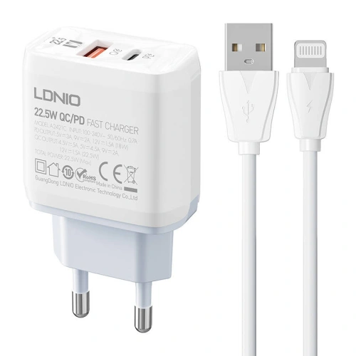 Kup Încărcător de rețea LDNIO A2421C USB-A, USB-C 22.5W + cablu Lightning - LDN149 - {ean13} - Sklep Home Screen